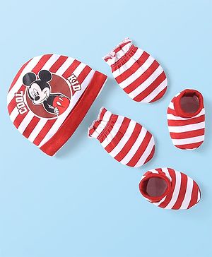 Babyhug Disney Interlock Knit Cap Mittens & Booties Set with Mickey Mouse Graphics & Stripes Red - Diameter 10 cm