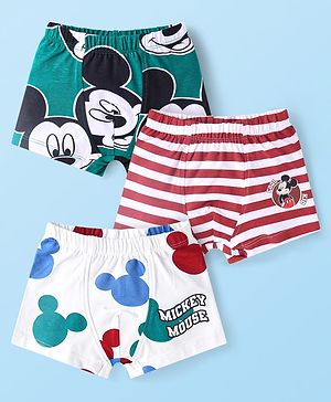 Babyhug Disney Single Jersey Knit Trunks with Stripes & Mickey Mouse Graphics Pack of 3 - White Green & Wine