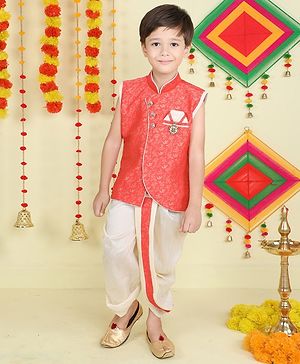 Jeet Ethnics Brocade Sleeveless Abstract Foil Printed Dhoti Kurta Set - Orange