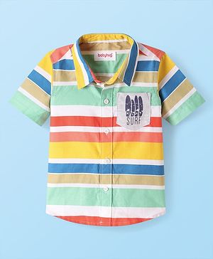 Babyhug Cotton Woven Half Sleeves Striped Shirt with Surf Print - Yellow & Red