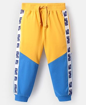Babyhug Terry Knit Full Length Lounge Pant With Text Print & Cut & Sew Design - Yellow & Blue