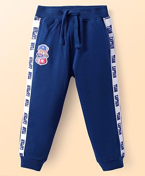 Babyhug  Terry Knit Full Length Lounge Pant With Text Print & Animal Patch - Navy Blue