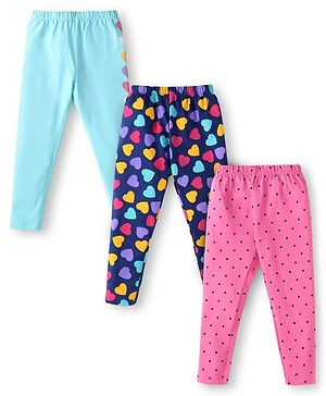 Babyhug Cotton Lycra Knit Full Length Leggings With Heart & Polka Dot Print Pack of 3 - Blue Dark Pink & Navy Blue