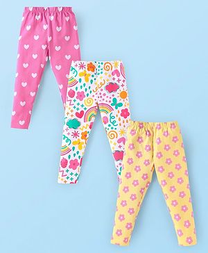 Babyhug Cotton Lycra Knit Full Length Leggings With Heart & Floral Print Pack of 3 - Dark Pink White & Yellow