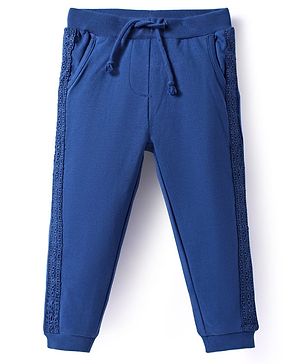 Babyhug Terry Knit Full Length Solid Colour Lounge Pant With Lace Detailing - Blue