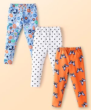 Babyhug Cotton Lycra Knit Full Length Leggings With Floral & Butterfly Print Pack of 3 - Blue White & Orange