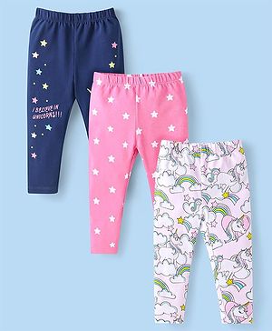 Babyhug Cotton Lycra Knit Full Length Leggings with Star & Unicorn Prints Pack of 3 - Navy Blue Pink & White