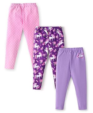 Babyhug Cotton Lycra Knit Full Length Leggings With Unicorn & Polka Dot Print Pack of 3 - Pink Violet & Purple