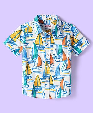Babyhug Cotton Knit Half Sleeves Collar Shirt with Beach Theme Print- Light Blue & White