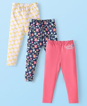 Babyhug Cotton Lycra Knit Full Length Leggings With Polka Dot & Floral Print Pack of 3 - Dark Pink Navy Blue & Yellow