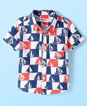 Babyhug Cotton Woven Half Sleeves Check Shirt with Boat Print - Blue & White