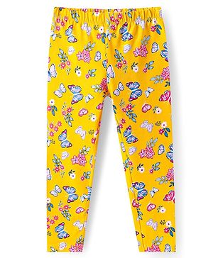 Babyhug Cotton Lycra Knit Full Length Leggings with Butterfly Print - Yellow