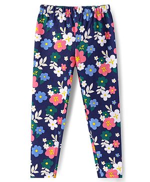 Babyhug Cotton Lycra Knit Full Length Leggings with Floral Print - Navy Blue