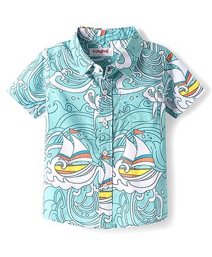 Babyhug Cotton Woven Half Sleeves Shirt With Ship Print - Blue