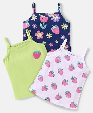 Babyhug 100% Cotton Knit Singlet Sleeves Anti Bacterial Slips with Strawberry Print Pack of 3 - Navy Blue White & Light Green