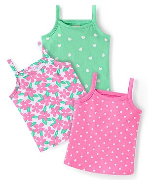 Babyhug 100% Cotton Knit Singlet Sleeves Antibacterial Slips with Floral & Hearts Print Pack of 3 - Pink White & Green