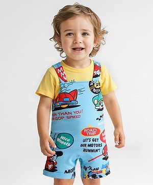 Babyhug Disney Single Jersey Knit Dungaree & Half Sleeves T-Shirt With Mickey Mouse Graphics - Light Blue & Yellow