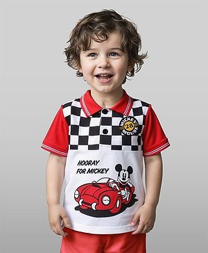 Babyhug Disney Single Jersey Knit Half Sleeve Collar  T-Shirt With Front & Back Mickey Mouse Graphics - Red & White