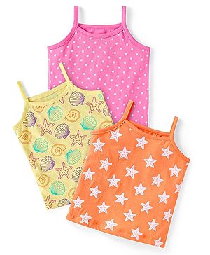 Babyhug 100% Cotton Knit Antibacterial Singlet Sleeves Slips with Floral & Star Print Pack of 3 - Pink Orange & Yellow
