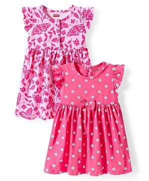 Babyhug Cotton Knit Frill Sleeves Floral & Butterfly Printed Frocks with Bow Applique Pack of 2 - Dark Pink