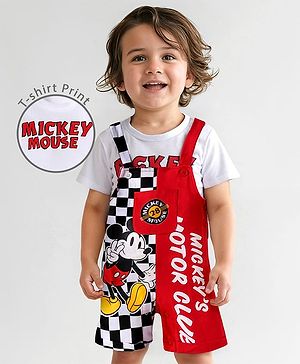 Babyhug Disney Single Jersey Knit Half Sleeves T-Shirt & Dungaree Set with Mickey Mouse Graphics - Red