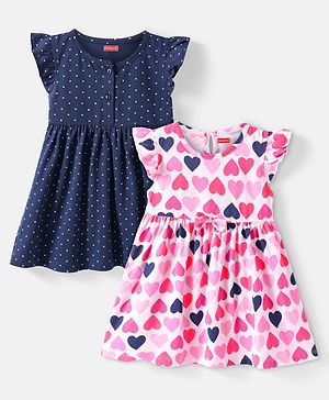 Babyhug Cotton Knit Frill Sleeves Frocks With Heart & Polka Dot Print & Bow Applique Pack of 2 - Navy Blue & White