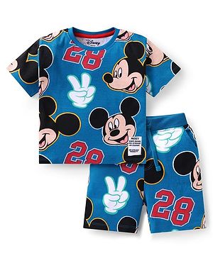 Babyhug Disney Cotton Knit Half Sleeves T-Shirt & Shorts Set With Mickey Mouse Graphics - Blue