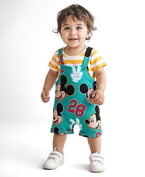 Babyhug Disney Single Jersey Knit Dungaree & Half Sleeves Striped T-Shirt With Mickey Mouse Graphics - Turquoise & Yellow