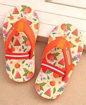 Cute Walk by Babyhug Floral & Fruits Printed Flip Flops With Backstrap - Orange