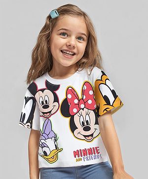 Babyhug Disney Single Jersey Knit Half Sleeves T-Shirt with Minnie Mouse & Family Graphics - White