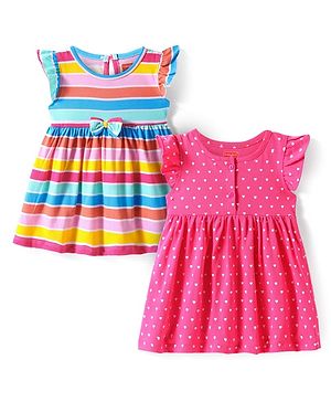 Babyhug Cotton Knit  Frill Sleeves Frocks with Polka Dots Stripes & Bow Applique Pack of 2- Pink & Blue