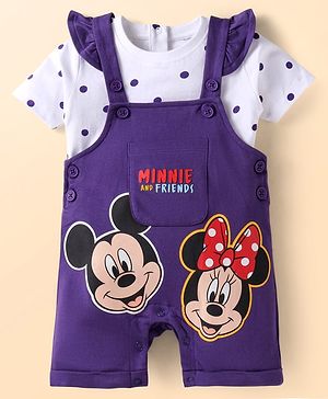 Babyhug Disney Single Jersey Knit Half Sleeves Polka Dots Printed T-Shirt & Dungaree Set with Mickey Mouse Graphics - Purple