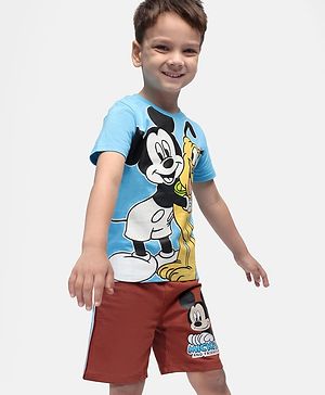 Babyhug Disney Single Jersey Knit Half Sleeves T-Shirt & Shorts Set with Mickey Mouse Graphics - Light Blue & Brown