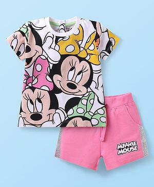 Babyhug Disney Single Jersey Knit Half Sleeves T-Shirt & Shorts Set with Minnie Mouse Graphics - Pink