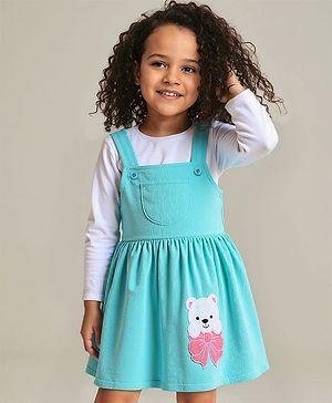 Babyhug Cotton Knit Frock with Full Sleeves Solid T-Shirt with Bear Embroidery - Aqua Blue & White