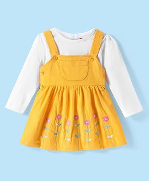Babyhug Cotton Knit Frock With Full Sleeves Inner Tee & Floral Embroidery - Yellow & White