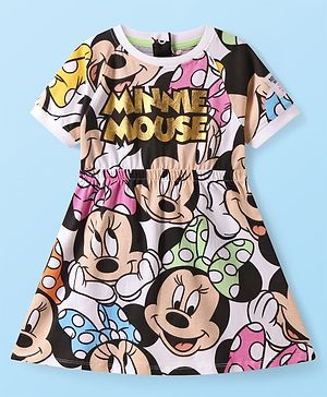 Babyhug Disney Single Jersey Knit Raglan Sleeve Frock With Minnie Mouse & Foil Text Print - White