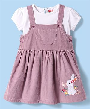 Babyhug Cotton Knit Bunny Embroidered Frock with Half Sleeves Solid Top - Rose Gold & White