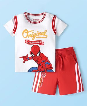 Babyhug Marvel Single Jersey Knit Half Sleeves T-Shirt & Shorts Set with Spiderman Graphics - White & Red