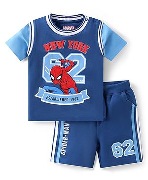Babyhug Marvel Single Jersey Knit Half Sleeves  T-Shirt & Shorts Set with Spiderman Graphics & Tape Detailing - Blue