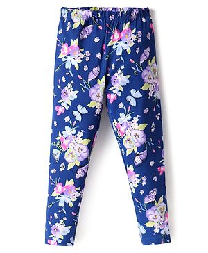 Babyhug Cotton Knit Full Length Leggings with Floral Print  -  Navy Blue