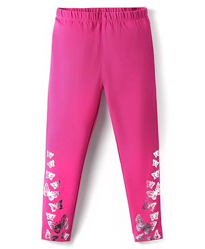 Babyhug Cotton Lycra Knit Full Length Leggings with Foil Printed Butterflies - Dark Pink