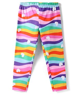 Babyhug Cotton Knit Full length Leggings with Hearts Print & Rainbow Color - Pink