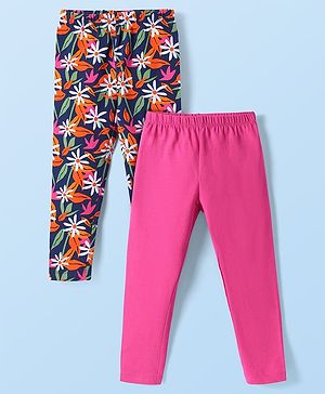 Babyhug Cotton Lycra Knit Full Length Leggings With Floral Print Pack of 2 - Navy Blue & Dark Pink