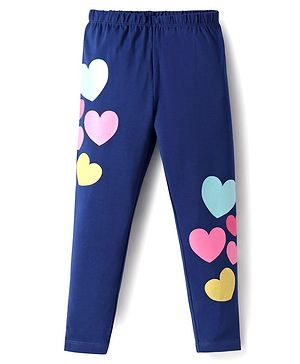 Babyhug Cotton Lycra Knit Full Length Leggings with Heart Print - Navy Blue