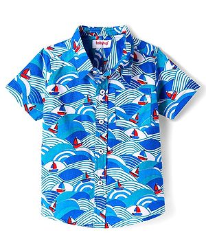Babyhug Cotton Woven Half Sleeves Shirt with Boat Print - Blue