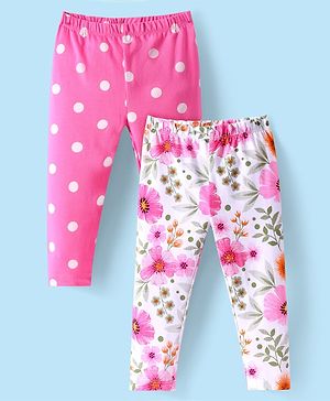 Babyhug Cotton Knit Full Length Leggings with Floral & Polka Dot Print Pack Of 2 - Pink