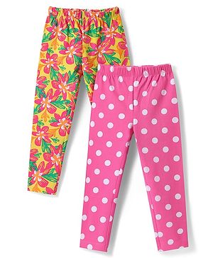 Babyhug Cotton Knit Full Length Leggings with Floral & Polka Dot - Pink & Yellow