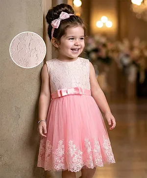Mark & Mia Woven Sleeveless Party
                              Dress with Bow Headband & Floral
                              Embroidery - Pink