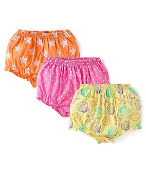 Babyhug 100% Cotton Knit Antibacterial Bloomers Star & Polka Dots Print Pack of 3 - Orange Pink & Yellow